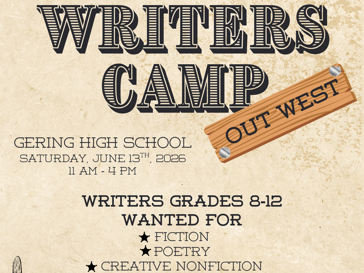 Young Writers Camp flyer with western theme, event details, and registration information.