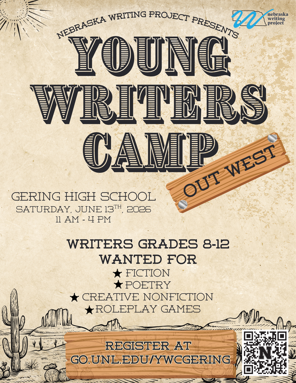 Young Writers Camp flyer with western theme, event details, and registration information.